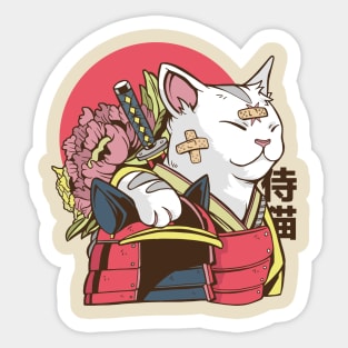 a samurai cat with bandages in its face Sticker